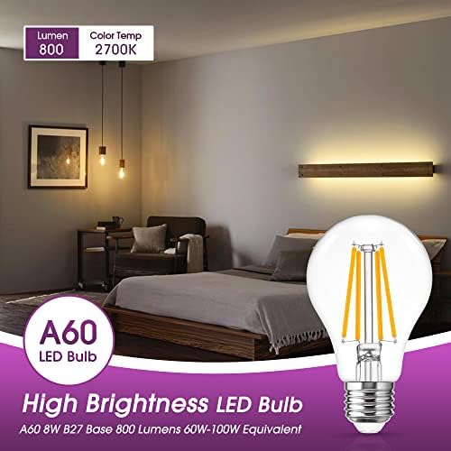 AOYISO E27 Vintage Light Bulbs Led Filament Bulb, 8W 800LM(60W Equivalent), 2700K Warm White, Retro Style E27 Edison Light Bulb E27 Led Bulbs for Lamps,Amber Glass Screw Lamp, Non Dimmable, 4 Pack