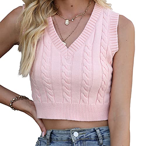 Women's V-Neck Knit Sweater Vest Solid Color Sleeveless Crop Knit...