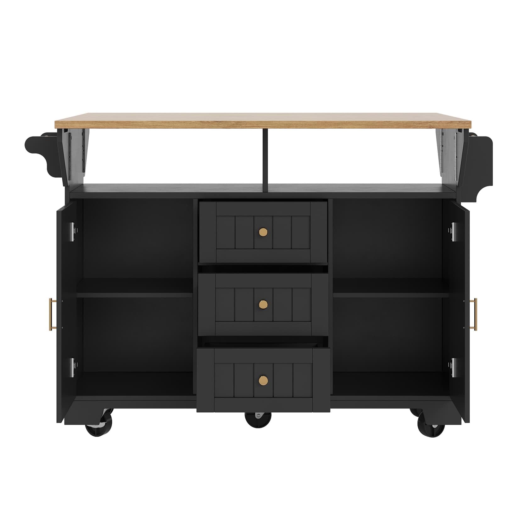 Desserte ilôt de Cuisine avec roulettes,Buffet Cuisine de Rangement avec Plateau de Table Pliable,Chariot de Repas,Buffet Mobile,3 Tiroirs et 2 Portes,142.5x40-80x95cm (Noir-E)