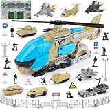 XDUOYJOY Military Helicopter Toys, Army Toys Set with 10 Vehicles, Tanks, Fighter Jet, Airplane, Aircraft, Army Men and Play Mat, Birthday Gift for Boys