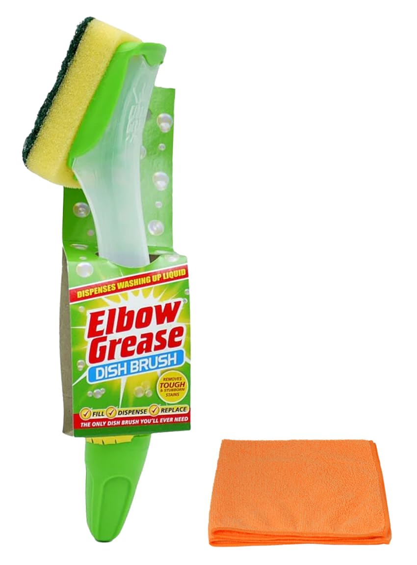 Topest Green Elbow Grease Fillable Washing Up Brush With Refill Sponge- Ergonomic Design Handle - With Ultra Absorbent Microfibre Cleaning Cloth