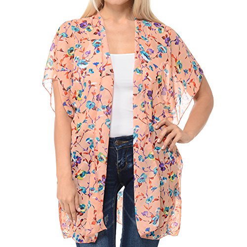 BASICO Women's Floral Print Kimono Cardigan Loose Open Front Lightweight Chiffon Vest Cardigan Cover up