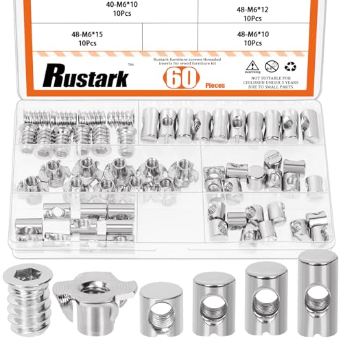 Rustark - Rustark 60Pcs M6 Nickle Barrel Nuts Four-jaw Tee Nuts and Threaded Insert Assortment Kit Metric Cross Dowels Slotted Nut T Nut Wood Inserts Bolt for Wood Furniture Beds Crib Chairs