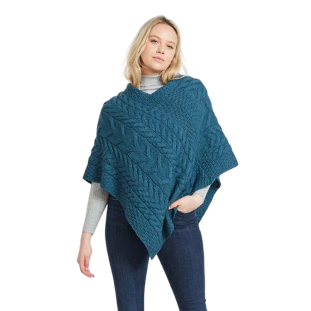 Super Soft Merino Wool Triangular Aran Cable Knit Design Poncho, Blue Colour