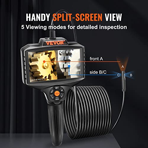 Image of VEVOR Triple Lens Inspection Camera with Light, 5 inch IPS Screen Industrial Borescope, 8X Zoom 1080P HD Split Screen, 10 LED Lights Scope Camera for Automotive, Plumbing(16.5FT)