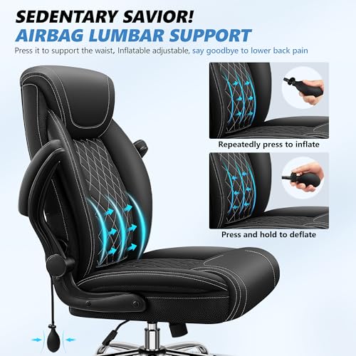 Image of BestGlory Executive Office Chair with Lumbar Support, Big and Tall Ergonomic Computer Desk Chair, Leather Comfy High Back Gaming Chair with Flip Up Arms & Rocking Function for Home Office, Black