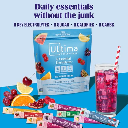 Image of Ultima Replenisher Daily Electrolyte Powder - Ultimate Variety Pack, 36 Stickpacks - Zero Sugar Hydration Packets with 6 Electrolytes and Minerals - Sugar Free, Plant Based & Keto Friendly​ Drink Mix