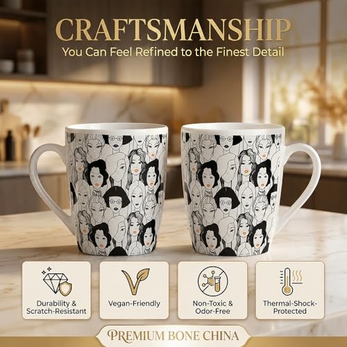 Image of U.P.C. UPC Abstract Face Print Bone China Mug Set of 2 | Artistic Ceramic Tea & Coffee Cups | Lightweight Bone China Cups for Tea, Coffee & Hot Chocolate