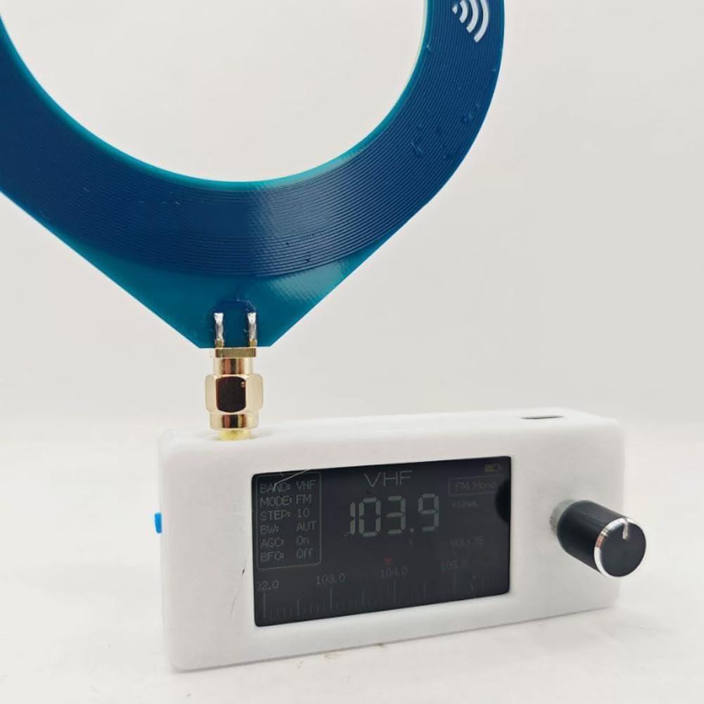 Hand holding a white SI4732 Shortwave Radio Receiver with a blue loop antenna attached