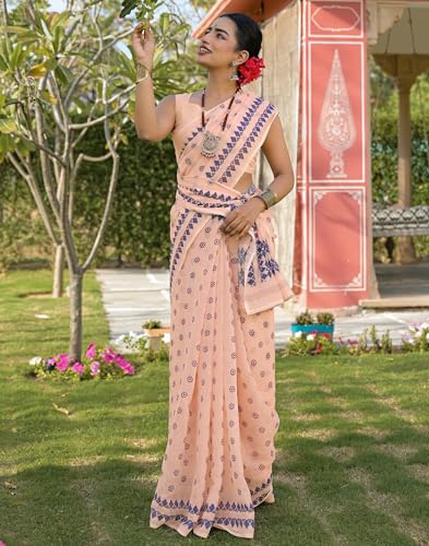 Image of SIRIL Women's Cotton Linen Mekhela Chador Printed Saree with Unstitched Blouse Piece