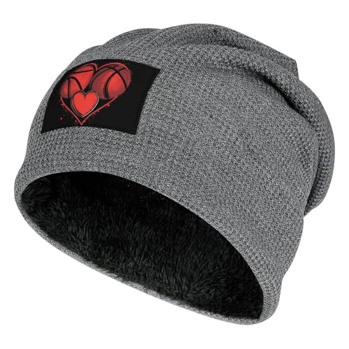 Basketball Heart Fleece Lined Men Beanie Hat Knit Skull Cap Winter Warm Stocking Hats for Women Dark Gray-style-32