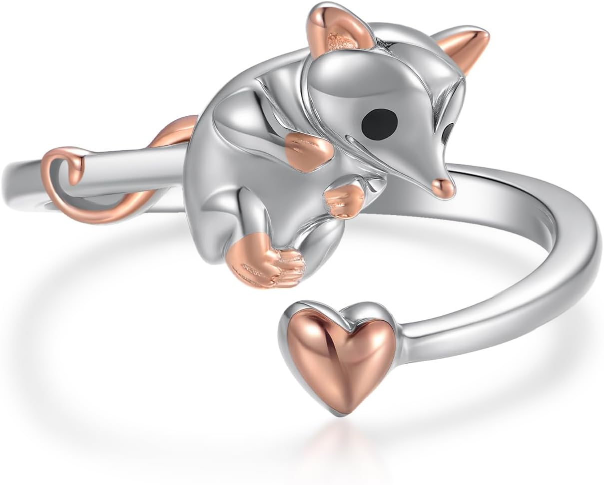 Possum Gifts 925 Sterling Silver Animal Rings Possum Stuffed Animal Opossum Jewelry for Women Possum Lover