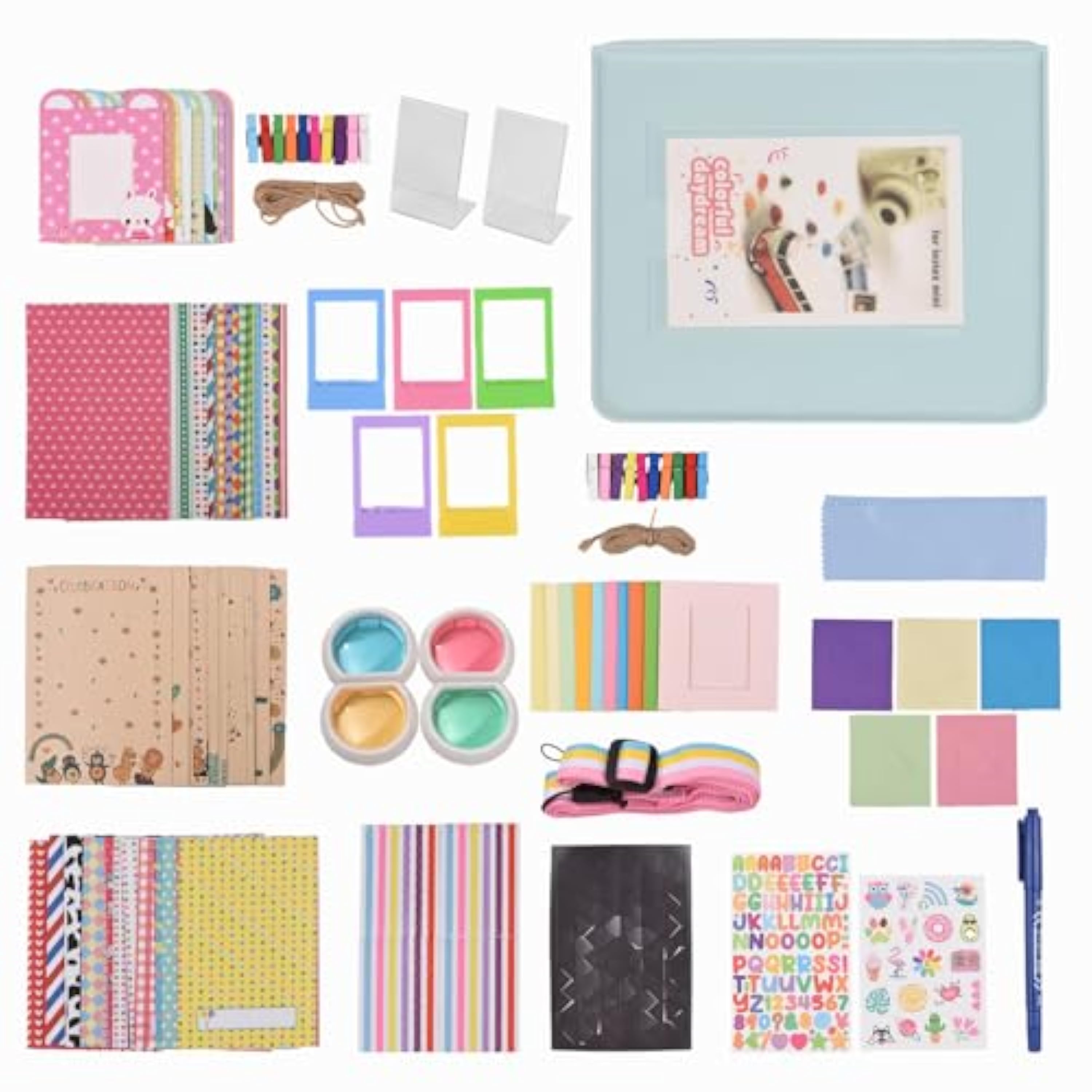 Andoer Kit de 15 Accesorios para cámara instantánea Fujifilm Mini12 con álbum de Fotos/bolígrafo/Correa para cámara/26 Clips para fotos/37 Marcos de Fotos/3 Cuerdas para colgar/10 Pegatinas/4 filtros