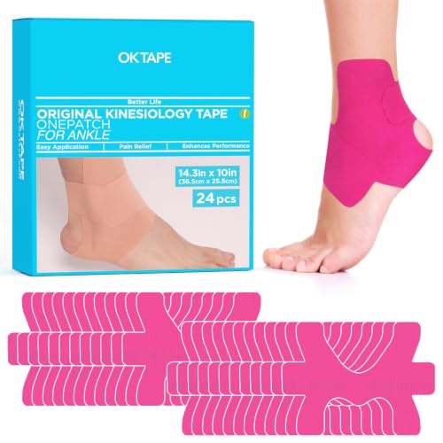 Image of OK TAPE Precut Kinesiology Ankle Tape, 24 Pcs, Pain Relief, Prevent Ankle Sprain, Provide Support for Ankle Ligament, Elastic Athletic Tape, Breathable Cotton, Daily Use - Pink