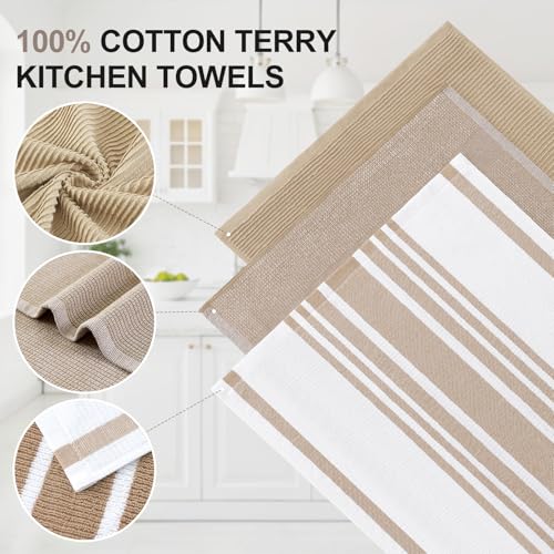 Image of Homaxy Premium Kitchen Towels(18 inchx 28 inch, 9 Pack), Large Cotton 380 GSM Kitchen Hand Towels, Soft and Absorbent Terry Dish Towels, Multipurpose Tea Towel Set with Hanging Loop, Khaki