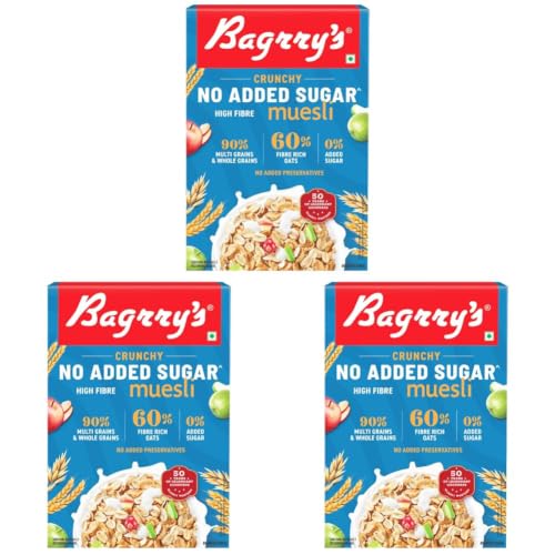 Image of Bagrry's No Added Sugar Muesli 500g | 0% Added Sugar | 90% Whole Grains | High Fibre & Protein | Plant-Based Breakfast Cereal | No Nuts, No Corn Flakes | Ideal for Diabetics & Weight Management | No Preservatives