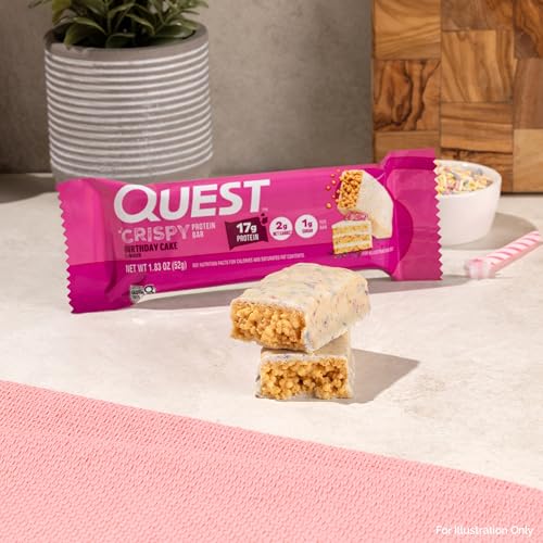 Image of Quest Nutrition Crispy Birthday Cake Protein Bar, 17g Protein, 1g Sugar, 2g Net Carbs, Gluten Free Protein Snack, Keto Friendly, 4 Count