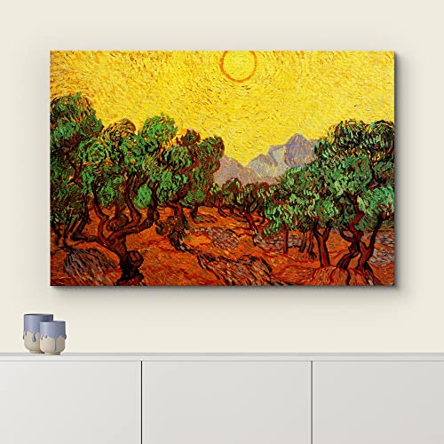 Olive Trees With Yellow Sky And Sun By Van Gogh Giclee Canvas Prints Wrapped Gallery Wall Art | Stretched And Framed Ready To Hang - 24" X 36" #TOP2
