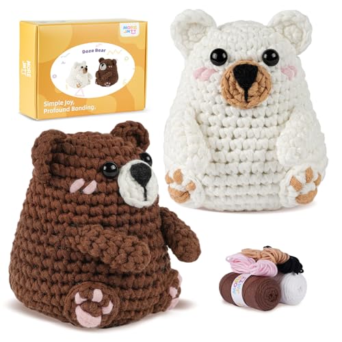 Image of MOREJMTT Crochet Kit for Beginners, Learn to Crochet, Include Easy Knitting Soft Yarn, Step-by-Step Video Tutorial, Hook, Holiday Birthday Gift for Adults (Polar & Brown Bears)