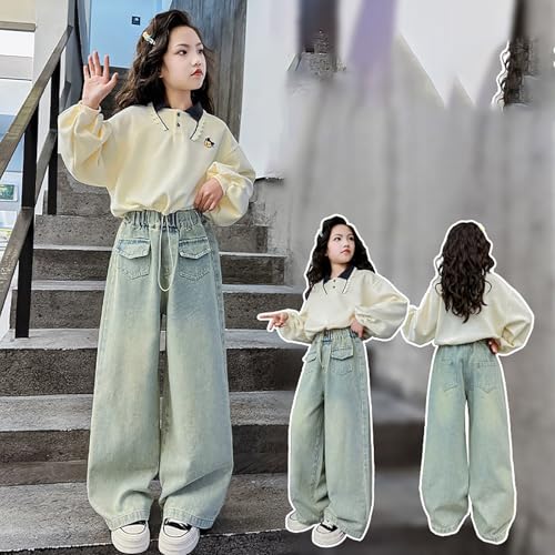 Teen Girls Baggy Jeans Heart Star Wide Leg Denim Pants Kids Elastic Casual Loose Y2k Streetwear Trousers with Pockets2