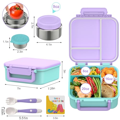 Image of Kids Bento Lunch Box with 9oz Soup Thermo Leakproof Lunch Food Containers 4 Compartment with Insulated Hot Food Jar for Kid Toddler Girls Boys to School, Trvael