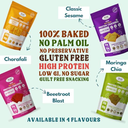 Image of NIHKAN Baked Protein Crackers Combo - Moringa, Beetroot, Sesame & Chorafali | Gluten Free Healthy Snack | 100% Baked, No Palm Oil, No Preservatives, Fibre Rich & All Natural (Combo of 4, Moringa, Sesame, Beetroot & Chorafali)