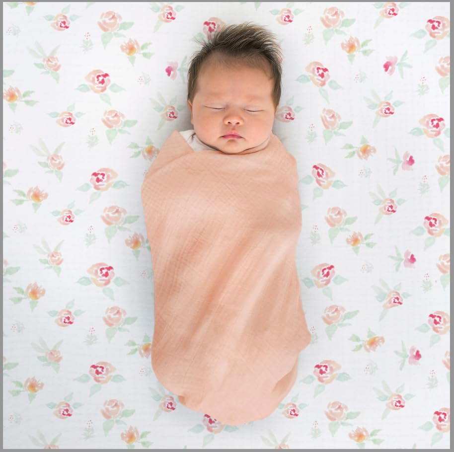 Image of SwaddleDesigns Softest Cotton Muslin Fitted Crib Sheet, Toddler Sheet for Boys & Girls, Fits Standard Crib Mattress (28 x 52 inches), Watercolor Peachy Pink Floral