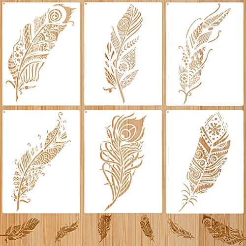6 Pieces Decorative Mandala Feather Stencil Beautiful Feather Stencil Mandala Stencil Template Reusable Painting Stencil and Metal Open Ring for Painting on Wood Wall Decor