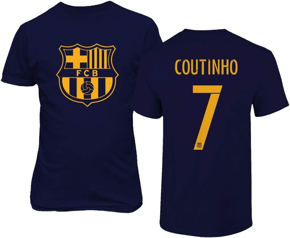 Spark Apparel Barcelona Soccer Shirt Philippe Coutinho #7 Futbol Jersey Style Men's T-Shirt (Navy, Large)