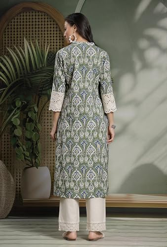 Image of Pistaa's Women's Cotton Regular Fit A Line Regular A-Line Printed Cutwork Sleeve Kurta