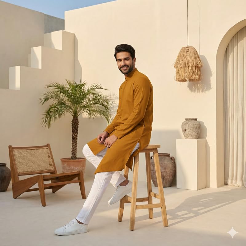 Image of OOMPH! Men's Ethnic Traditional Asymmetric Kurta Polycotton Regular Fit | High Neck Full Sleeves | Traditional Indian Festive Kurta | Stylish Casual and Wedding