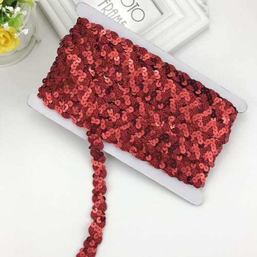 CNFQ Glänzendes Paillettenband Glitzer Applikation 15MM Bekleidungszubehör S-förmig Paillette Trim Gewelltes Elastische Pailletten für Bühnenkostüme (Rot, 25M)