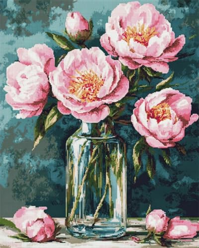 Broderie point de croix débutant pivoines roses pour apprendre facilement