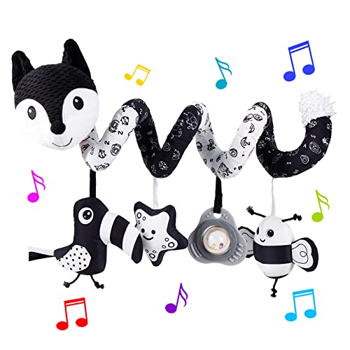 Image of HILENBO Car Seat Toys, Infant Baby Black Fox Spiral Plush Activity Hanging Toys for Car Seat Stroller Bar Crib Bassinet Mobile with Music Box BB Squeaker and Rattles（Black）