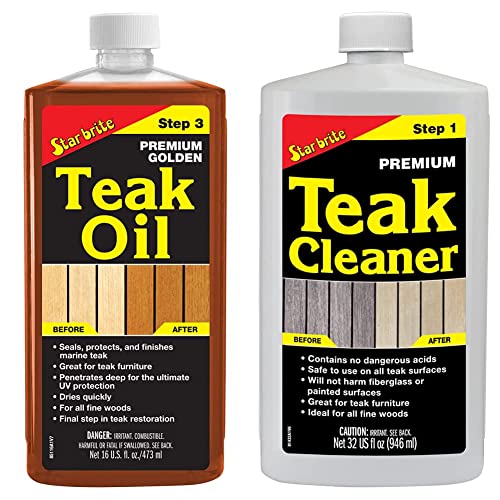 Image of STAR BRITE Premium Golden Teak Oil - Sealer, Preserver & Finish & Other Fine Woods - 16 OZ & Premium Teak Cleaner - Restore, Renew & Refresh Old Weathered Gray Teak Furniture & Other Fine Woods