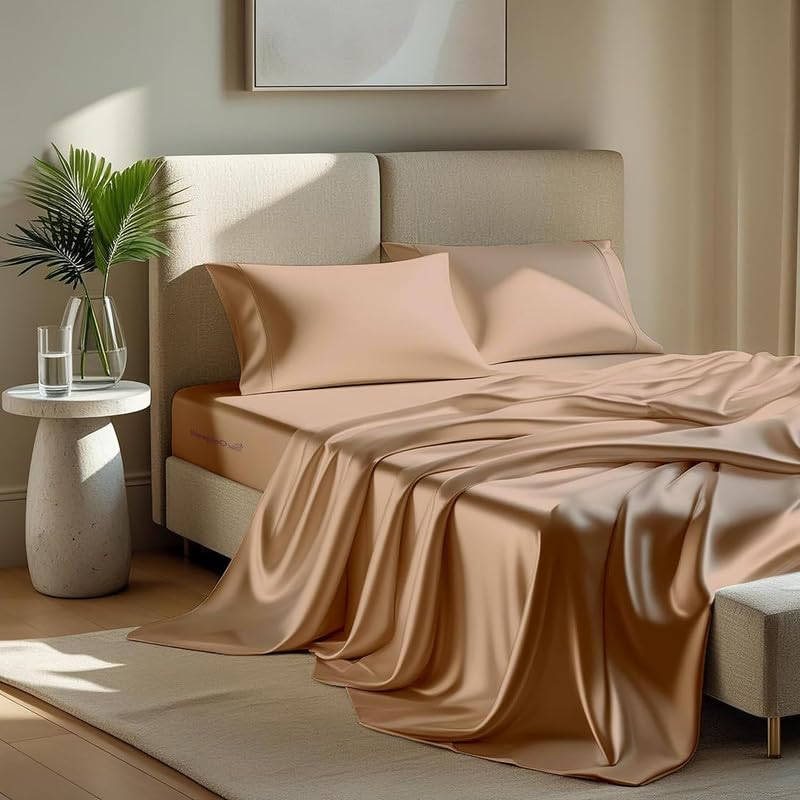 Image of Premium Satin Single Bed (60x90 Inchs) with 1 Pillow Cover Bedsheet Ultra Soft & Silky Smooth, Breathable Cooling Fabric, Luxury Glossy Finish|Bear Beige