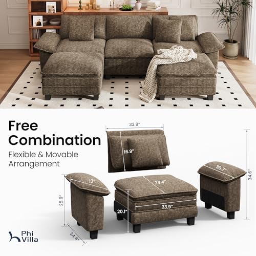 Image of PHI VILLA Cloud Modular Couch Sets, 123.6 inch Oversized Sectional Sofa with U-Shaped Chaise, 5-Seater Couches with 2 Movable Ottomans for Living Room, Chenille Grayish Brown