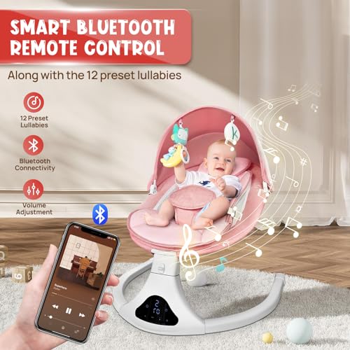 Electric Baby Swing for Infants to Toddler| Portable Infant Swing with Remote Control, Rocker with 5 Speeds, 3-Point Harness,3 Seat Positions for Baby Boy Girl (Pink)