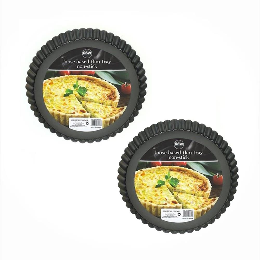 YöL Set of 2 Loose Based Flan Tray Tin Non Stick Carbon Steel Baking Oven 23cm Cooking, Cake Tart Quiche Pie