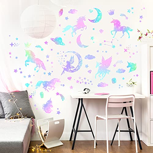 4 Sheets Of Unicorn Peel And Stick Wall Decal Glitter Unicorn And Fairy Wall Stickers Cartoon Wall Decals Removable Diy For Bedroom Playroom Living Room Decor, Unicorn And Fairy #TOP1
