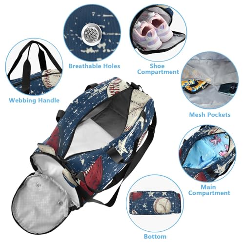 Gym Travel Duffle Bag for Boys Girls Baseball White Stars Pattern Navy Sports Dance Bag with Shoe Compartment & Wet Pocket Football Kids Travel Bag Teens Sleepover Carry4