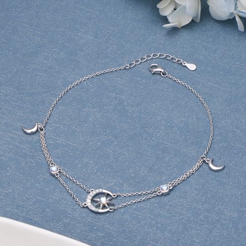 Image of S925 Ankle Bracelet for Women Heart Multilayer Anklets Dainty Beaded Chain Adjustable 9+1 Summer Cute Beach Foot Jewelry