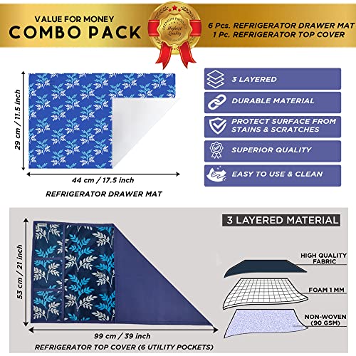 Image of Polyester 3-Layered Fridge Top Cover /Refrigerator Cover with Utility Pockets and Set of 6 Pc Fridge Mats (Color-Leaf Blue, Size-39x21 Inch)