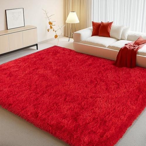 Red Rug 8x10 Carpet for Living Room, Soft Large Shag Rugs for Bedroom, Fluffy Fuzzy Modern Indoor Floor High Pile Area Rug for Kids Room Dorm Home Decor