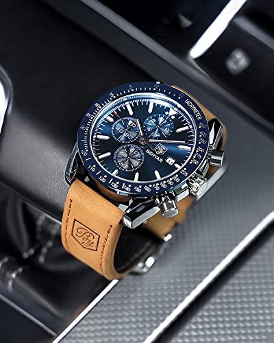 By Benyar Mens Watches Analog Watch For Men Sport Work Waterproof Blue Chronograph Watches Stylish Classic Men's Wrist Watches With Leather Band Unique Gifts For Men #TOP4