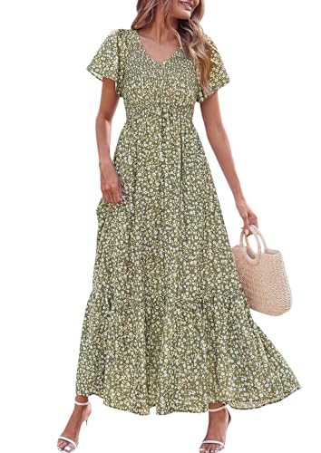 PRETTYGARDEN Boho Dresses for Women 2026 Summer Floral Short Sleeve V Neck Smocked Flowy Beach Vacation Maxi Dress (Army Green Floral,XX-Large)