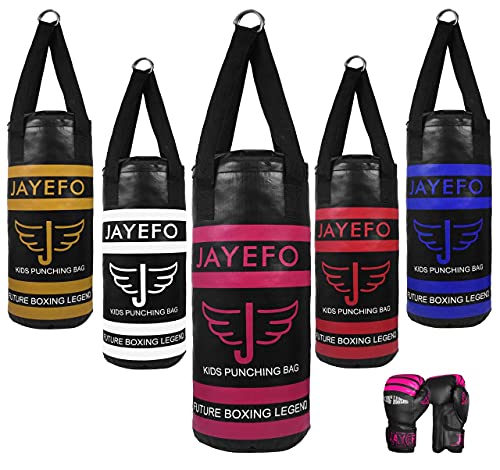 JAYEFO Kids Punching Bag Boxing Gloves Set for Children Boxing MMA Kickboxing Muay Thai Karate Punching Kick Ages 3-9 (Black/Pink)