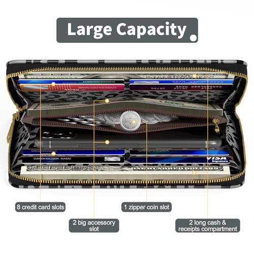 Nipichsha Womens Wallet, RFID Wristlet Wallet for Women, Cute Ladies Purse, Large Credit Card Clutch Purse, Leather Card Holder Wallets with Zipper & Phone Holder, Leopard Print3