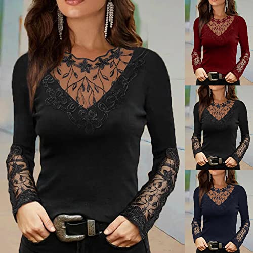 Women's Floral Lace Hollow Out Long Sleeve Blouse Shirt Sexy V Neck Dressy Tops for Women3