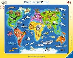 Ravensburger kinderpuzzle - 06641 weltkarte mit tieren - rahmenpuzzle für kinder ab 4 jahren, mit 30 teilen